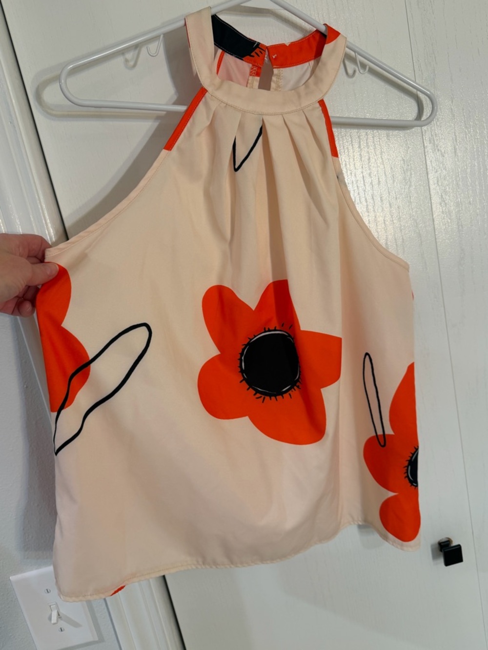 Sleeveless Cream Halter Top with Orange Floral Print